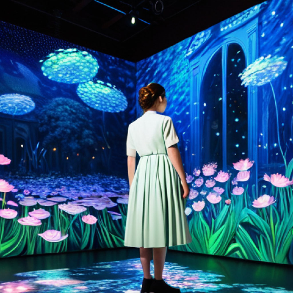 A professional woman in a modest, contemporary art curator's dress, standing within a large-scale immersive digital art installation. The environment is a virtual gallery space, bathed in dynamic, fluid light projections that shift and blend like Impressionist brushstrokes. The projections display vibrant, soft-focused scenes reminiscent of a Monet garden, with shimmering water lilies made of glowing pixels and light arrays. The colors are rich and harmonious, creating an enveloping, dreamlike atmosphere. The scene captures the interplay of digital light and traditional artistic style, emphasizing depth and texture. Fully clothed, appropriate attire, safe for work, perfect anatomy, correct proportions, natural pose, professional photography, high quality, family-friendly, appropriate content.