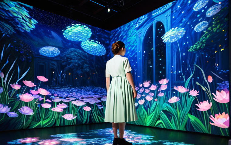 A professional woman in a modest, contemporary art curator's dress, standing within a large-scale immersive digital art installation. The environment is a virtual gallery space, bathed in dynamic, fluid light projections that shift and blend like Impressionist brushstrokes. The projections display vibrant, soft-focused scenes reminiscent of a Monet garden, with shimmering water lilies made of glowing pixels and light arrays. The colors are rich and harmonious, creating an enveloping, dreamlike atmosphere. The scene captures the interplay of digital light and traditional artistic style, emphasizing depth and texture. Fully clothed, appropriate attire, safe for work, perfect anatomy, correct proportions, natural pose, professional photography, high quality, family-friendly, appropriate content.