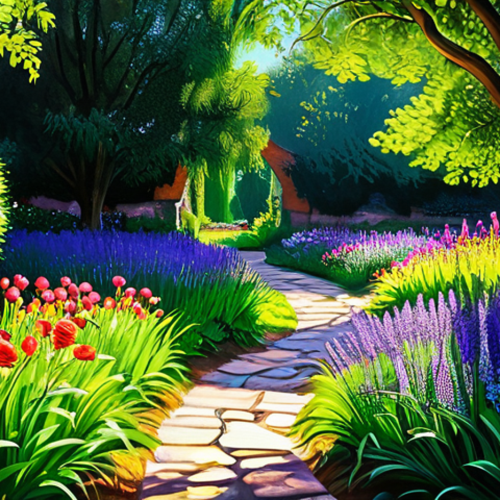 Impressionist Garden Scene**
"A vibrant garden scene in the style of Monet, filled with colorful flowers in full bloom, such as roses, lilies and lavender. Sunlight filters through the leaves of trees, creating dappled light and shadows on the grass. A stone path meanders through the garden. Focus on capturing the fleeting moment of light and shadow with loose brushstrokes and vivid colors. Safe for work, appropriate content, fully clothed, professional, perfect anatomy, natural proportions, impressionistic painting, high quality."
**
