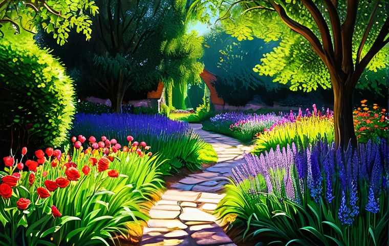 Impressionist Garden Scene**
"A vibrant garden scene in the style of Monet, filled with colorful flowers in full bloom, such as roses, lilies and lavender. Sunlight filters through the leaves of trees, creating dappled light and shadows on the grass. A stone path meanders through the garden. Focus on capturing the fleeting moment of light and shadow with loose brushstrokes and vivid colors. Safe for work, appropriate content, fully clothed, professional, perfect anatomy, natural proportions, impressionistic painting, high quality."
**