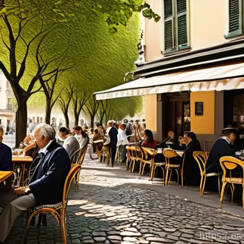인상주의 예술가와 현대 아티스트 비교 - **Impressionistic Outdoor Cafe Scene:**
"A picturesque, sun-drenched outdoor cafe scene in a bus...