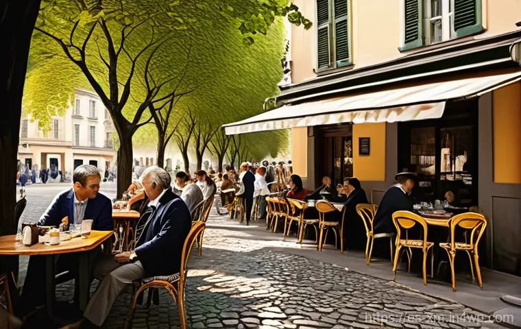 인상주의 예술가와 현대 아티스트 비교 - **Impressionistic Outdoor Cafe Scene:**
"A picturesque, sun-drenched outdoor cafe scene in a bus...