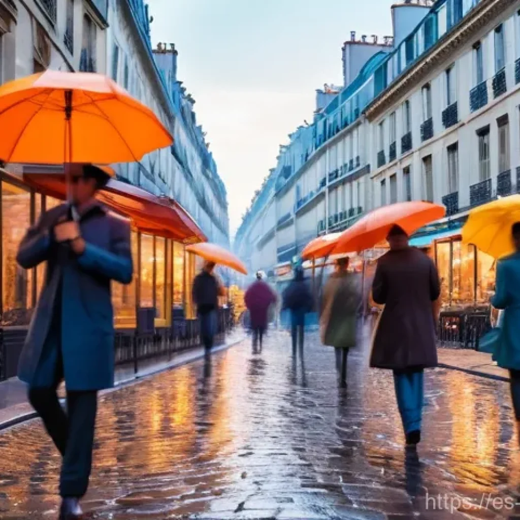 인상주의와 현대 예술 트렌드의 상관관계 - An Impressionistic painting of a bustling Parisian street at dusk. Focus on the soft, diffused lampl...