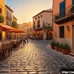 Home 21 인상주의적 접근이 현대 예술에 미친 변화 - A vibrant Impressionist outdoor scene set in a lively Spanish plaza during golden hour, featuring vi...