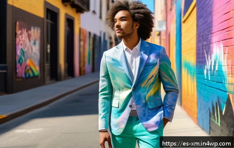인상주의적 표현의 현대적 응용 사례 - A vibrant urban street scene featuring a young adult wearing a stylish blazer inspired by Monet’s im...