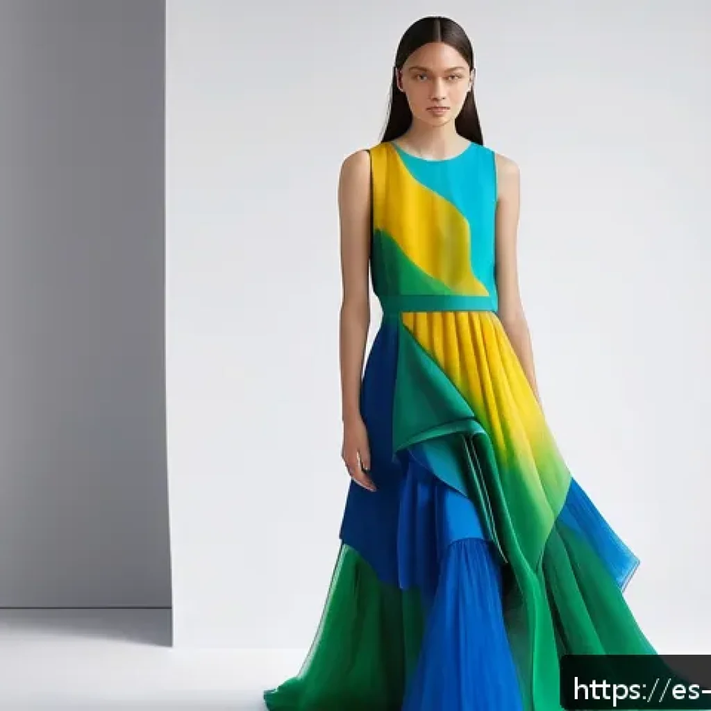 현대 패션 디자인에 나타난 인상주의적 요소 - A female model wearing a flowing dress inspired by impressionist paintings, featuring vibrant gradie...