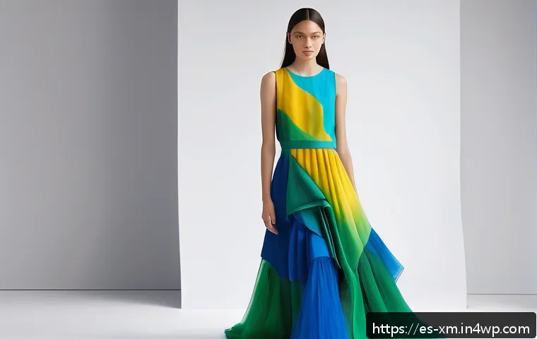 현대 패션 디자인에 나타난 인상주의적 요소 - A female model wearing a flowing dress inspired by impressionist paintings, featuring vibrant gradie...